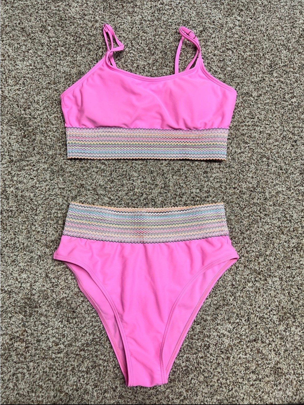 Pink High-Waist Bikini Set with Multicolor Elastic Band